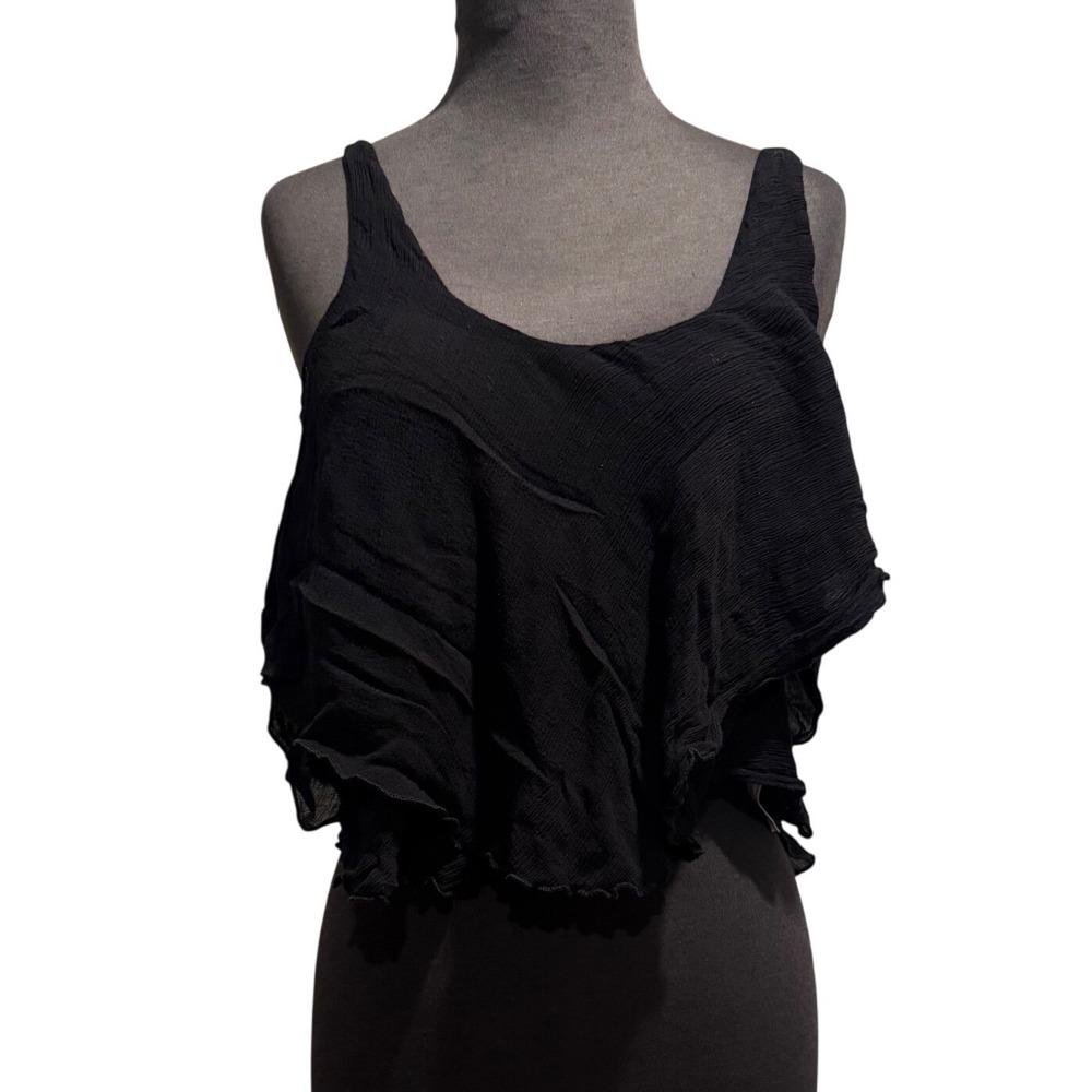Intimately Free People Black Ruffle Crop Tank Top XS Crinkle Tiered Boho Scoop